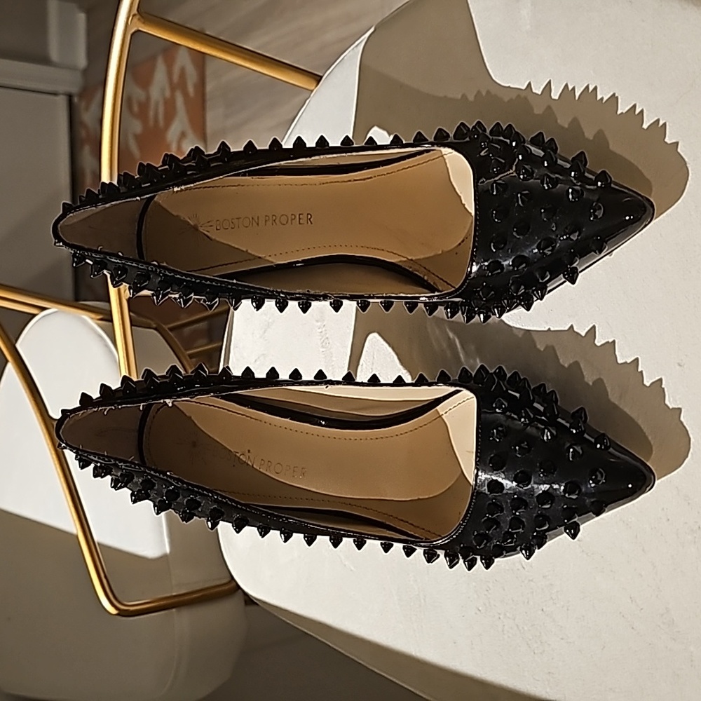 Boston Proper Pointed Toe Patent Leather High Heel Pumps with Spike Studs